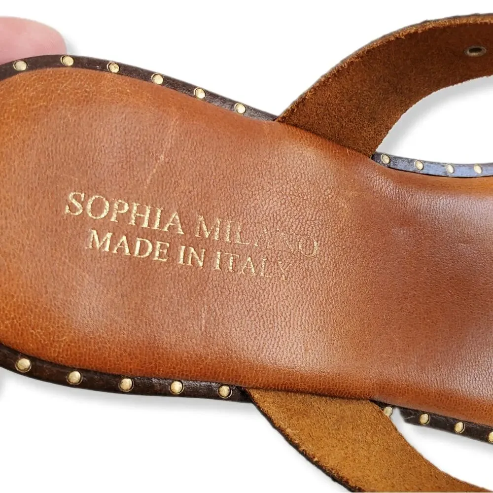 Women Sophia Milano Leather Thong Sandal 9 Brown Snake Stud Italy Boho NEW